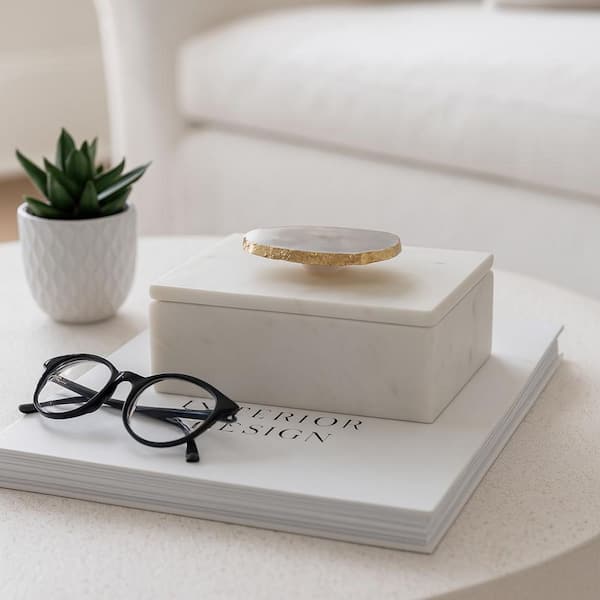 Marble Agate Top Lidded Storage Box, White & Gold, 3 in.