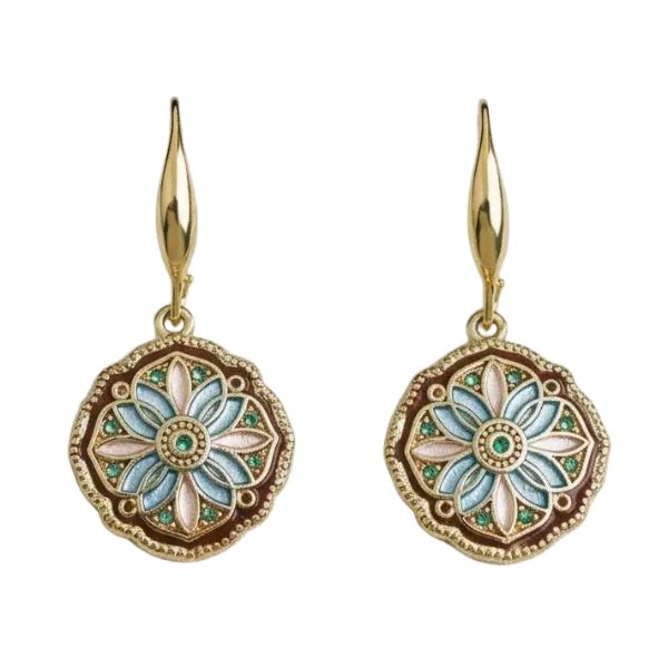 Enamel Drip Art Dangle Earrings featuring gold-tone hooks and floral designs with blue and pink enamel petals, accented with green decorative dots, perfect for stylish gifts.