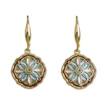 Enamel Drip Art Dangle Earrings featuring gold-tone hooks and floral designs with blue and pink enamel petals, accented with green decorative dots, perfect for stylish gifts. 1
