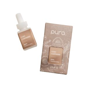Pura Refill, Cozy Cashmere scent refill bottle and decorative packaging, featuring warm beige tones, perfect for enhancing home decor with subtle cozy fragrance.