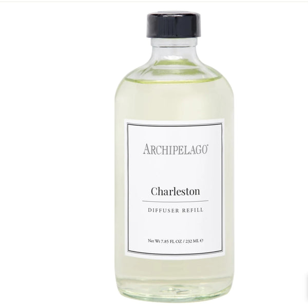 Clear glass bottle of Archipelago Charleston Diffuser Oil Refill, 7.8 oz with black cap and simple white label, perfect for home decor and gifts from Knotty and Board.