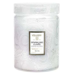 Voluspa Sparkling Cuvee Candle Jar, Large, 18 oz. with intricate white embossed design, perfect for adding stylish decor and cozy ambiance to kitchen or dining spaces, available at Knotty and Board.