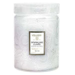 Voluspa Sparkling Cuvee Candle Jar, Large, 18 oz. with intricate white embossed design, perfect for adding stylish decor and cozy ambiance to kitchen or dining spaces, available at Knotty and Board. 1