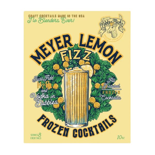 Vintage-style label for Noble Mick's Frozen Cocktail, Meyer Lemon Fizz featuring a tall glass of lemon cocktail surrounded by lemon branches, promoting all-natural frozen cocktails with simple ingredients.