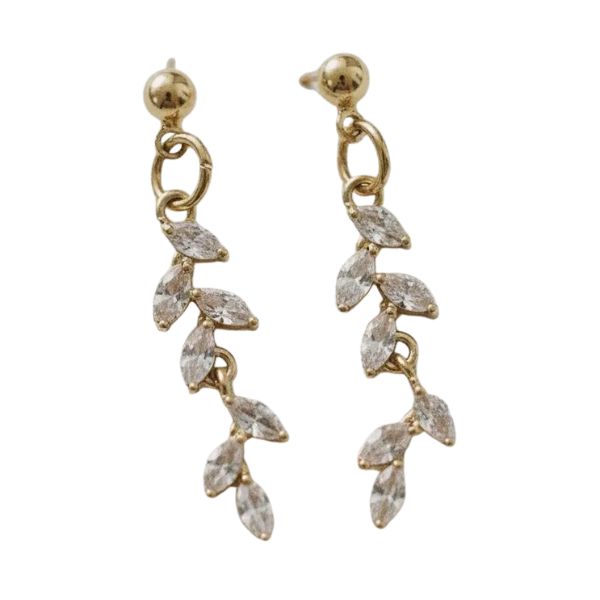 Long Tassel Leaf Drop Earrings featuring delicate gold-tone chain with sparkling leaf-shaped crystals, an elegant jewelry piece perfect as a gift from Knotty and Board.
