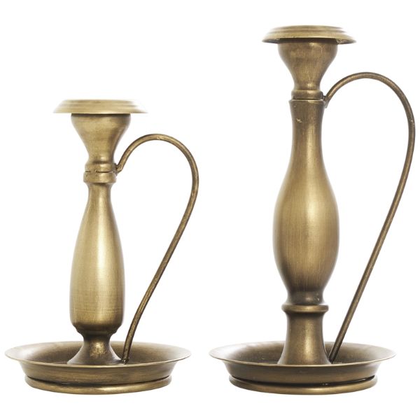 Two Traditional Bronze Metal Candle Holder, Small, 7 in. displayed side by side, showcasing elegant vintage-inspired decor perfect for dining or entertaining by Knotty and Board.