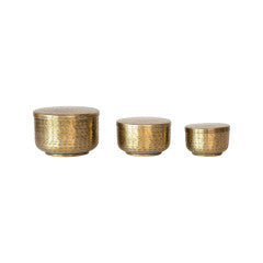 Set of three hammered aluminum containers in large, medium, and small sizes, featuring a textured finish, ideal for stylish kitchen or dining decor, Hammered Aluminum Container, Large, 6