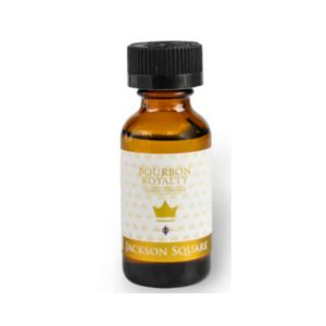Amber glass bottle with black cap labeled Bourbon Royalty, Jackson Square, Fragrance Oil, 1 oz., ideal for adding rich scent to home decor and gifts from Knotty and Board.