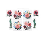 Set of 8 colorful floral designs featuring pink, red, and blue embroidered-style flowers and green leaves, perfect for adding decorative charm with Embroidery Tattoos, Set of 8. 1