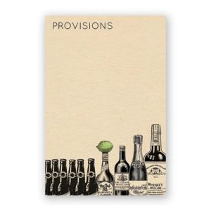 Provisions Notepad, 4.375 X 6.5 in. featuring a simple design with illustrated bottles and a lime, perfect for kitchen or dining notes from Knotty and Board, independent retail.