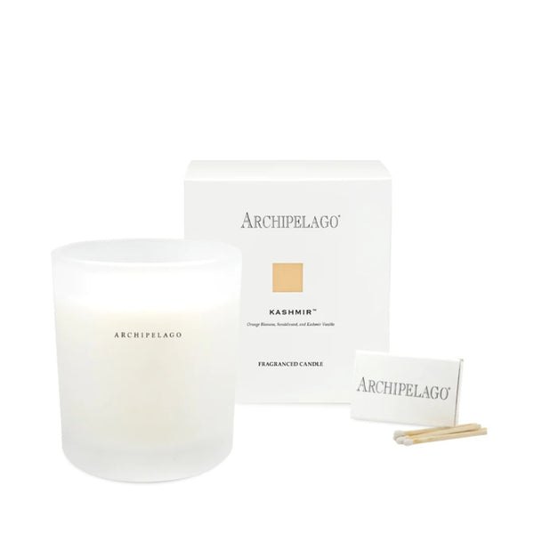 Archipelago Kashmir Boxed Candle, 10 oz, displayed with a frosted white glass container, matching branded box, and matches, perfect for home decor and gifts from Knotty and Board.