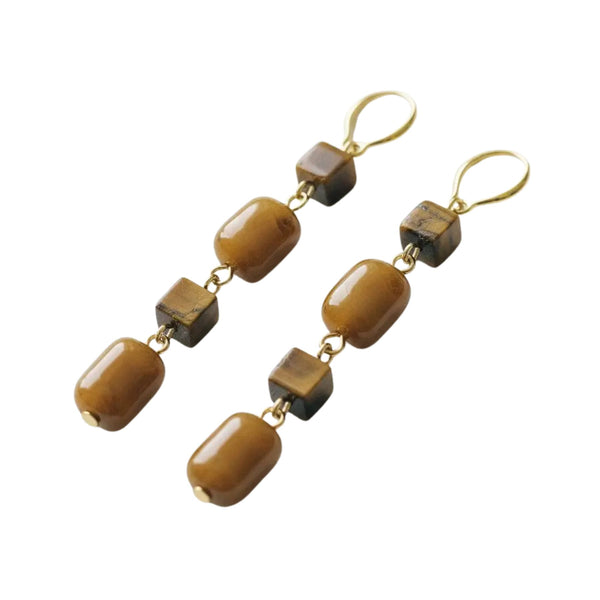 Artisan Long Tassel Drop Earrings with Tiger Eye