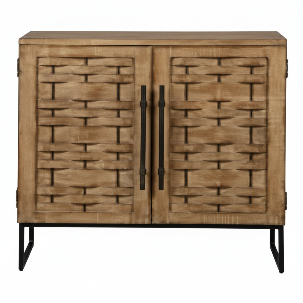 A two-door wooden cabinet with a woven rattan-style front design, dark metal handles, and black legs, shown against a plain white background.