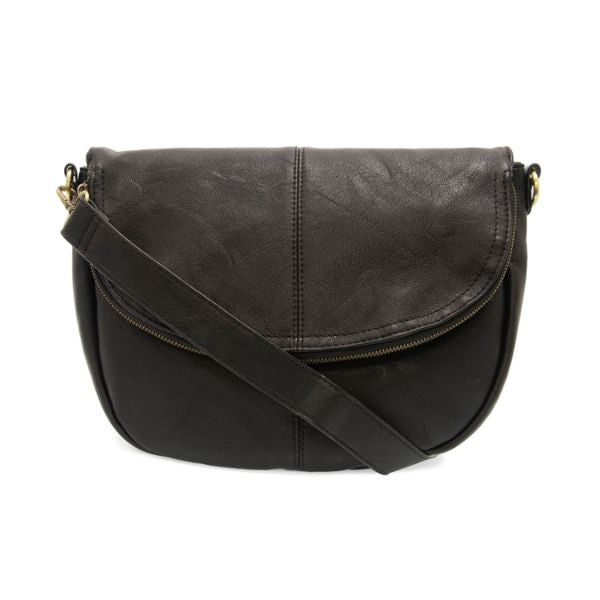Selma Saddle Crossbody Bag, Black, featuring smooth leather with a curved flap and adjustable strap, perfect for stylish everyday use from Knotty and Board.