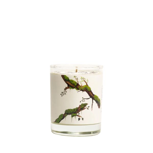 Just Bee Guaiac Wood & Moss, 13 oz candle in a clear glass container with a decorative label featuring green moss and wood branches, perfect for cozy decor and gifts from Knotty and Board.