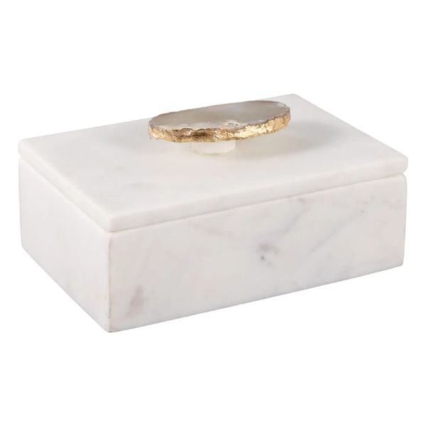 Marble Agate Top Lidded Storage Box, White & Gold, 3 in. featuring a white marble base with a polished agate stone lid accented in gold, perfect for elegant storage or gifts.