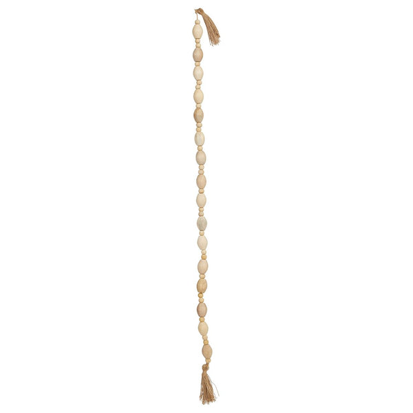 Mango Wood Bead Garland with Jute Tassels, 60" featuring natural round beads and rustic tassels, perfect for adding warm decor accents to kitchen or dining spaces from Knotty and Board.