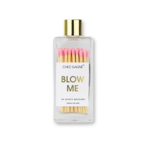 Clear glass bottle of Matches, Light Pink, Blow Me with gold cap and pink-tipped matchsticks inside, stylish kitchen and decor gift from Knotty and Board.