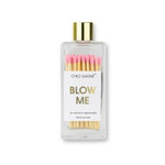 Clear glass bottle of Matches, Light Pink, Blow Me with gold cap and pink-tipped matchsticks inside, stylish kitchen and decor gift from Knotty and Board. 1