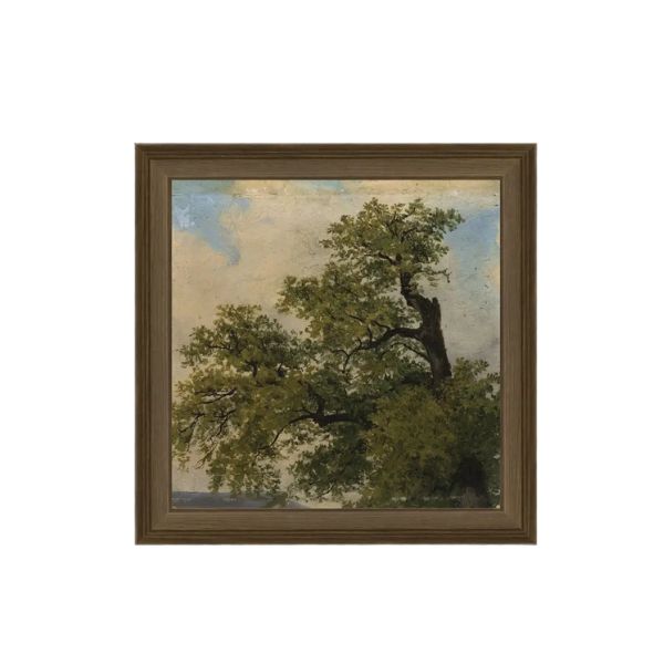 Painted Trees Framed Antique Art, 6 X 6 in. featuring a detailed antique-style painting of lush green trees under a partly cloudy sky, perfect decor from Knotty and Board for any room.