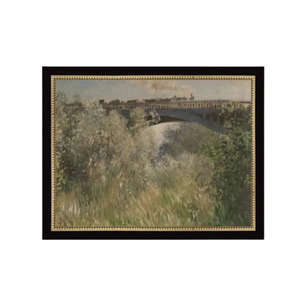The Bridge At Argenteuil Framed Antique Art, 9 X 7 in. features a serene landscape with a historic bridge over a river, surrounded by lush greenery, perfect for decor from Knotty and Board.