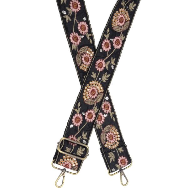 Ornate Floral + Sequin Guitar Strap, Black