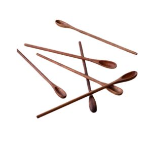 A collection of slender, smooth wooden spoons arranged scattered, showcasing the Wooden Ice Tea Spoon, Priced Individually, perfect for kitchen and dining decor from Knotty and Board.