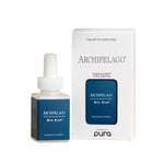 Pura Refill, Archipelago Big Sur fragrance refill bottle and packaging with a minimalist design in blue and white, perfect for home decor and gifts at Knotty and Board. 1