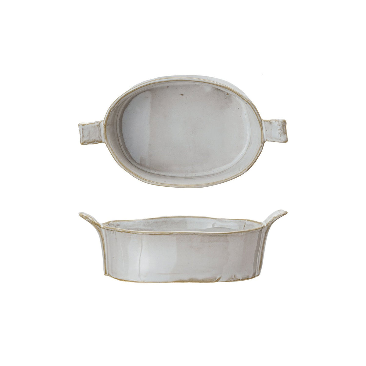 Stoneware Mini Baker with Handles, 7 oz., in a neutral glazed finish shown from top and side angles, perfect for kitchen decor and entertaining by Knotty and Board.
