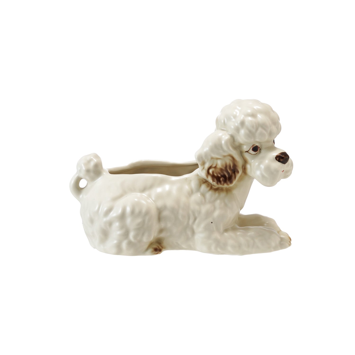 Poodle Shaped Planter, 9"x 6" featuring a glossy ceramic design in white with brown accents, perfect for adding charming decor or gifts from Knotty and Board to any room.