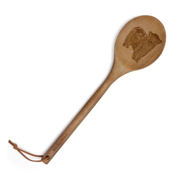 Acacia Wood Spoon, Bowie featuring a carved dog design with a leather loop handle, perfect for kitchen decor, dining, and unique gifts from Knotty and Board.
