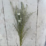 Wildflower Spray, 20 in., Sage with delicate white blooms and green foliage displayed against rustic white wood, perfect for adding natural decor charm from Knotty and Board. 1