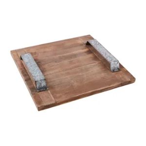 Square Wood Serving Board with rustic wooden surface and sturdy metal handles, ideal for kitchen dining, entertaining, and gift decor from Knotty and Board. Every Room Needs A Little Knotty and Board.