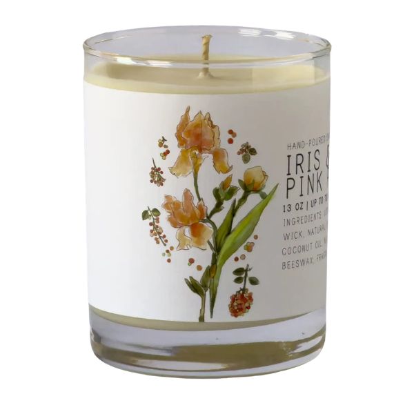Just Bee Iris & Pink Peppercorn, 13 oz candle in clear glass with floral illustration, perfect for home decor and gifts from Knotty and Board, adding charm to any room.