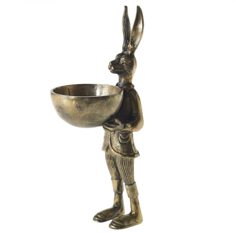 E&E Dish Stand Eric 6 x 14 features a vintage-inspired bronze rabbit figure holding a bowl, perfect as quirky kitchen decor or unique gifts for entertaining. Every Room Needs A Little Knotty and Board.