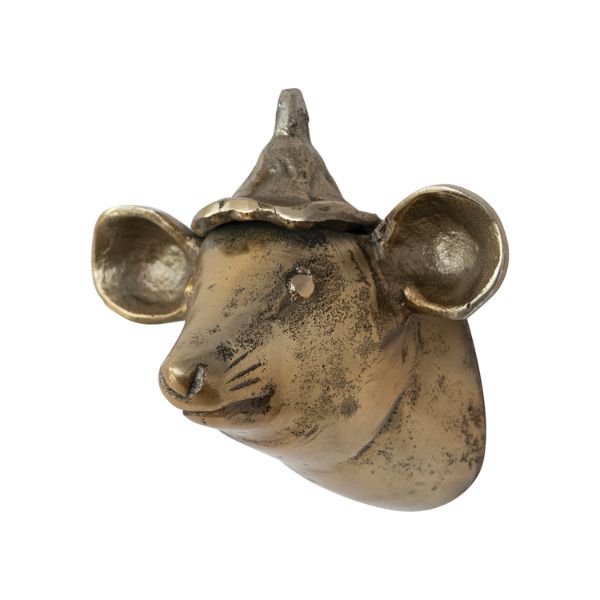 Brass Wall Mount, Mouse Head with Hat, 5.75 X 4.75 X 5.75"