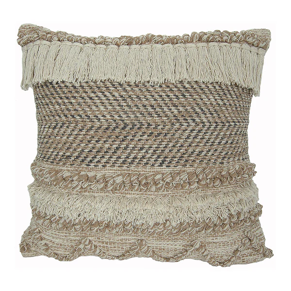 Boho Earthy Outdoor Pillow 20 x 20 with textured woven patterns and fringe details, perfect for adding rustic decor charm to indoor or outdoor living spaces.