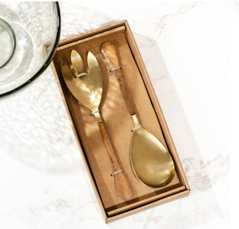 Gold & Wood Salad Set with elegant gold serving utensils and wooden handles, perfect for kitchen decor and entertaining, available from Knotty and Board.