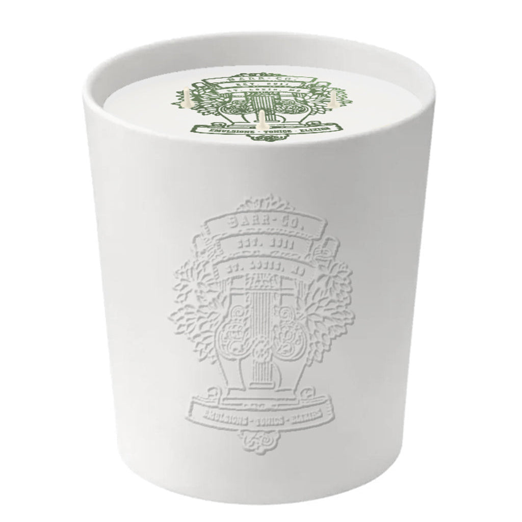 Barr Co Ceramic Embossed 18 oz. Candle, Fir & Grapefruit in a white embossed ceramic container, perfect for home decor, gifts, and adding a fresh scent to any room, from Knotty and Board.