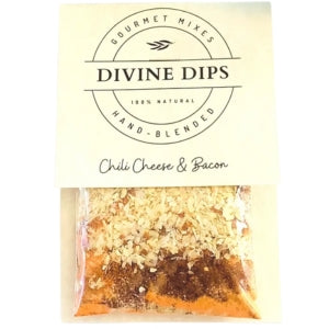 Clear bag of Seasoning Dip Mix, Chili Cheese & Bacon with hand-blended gourmet spice layers in natural packaging, perfect for kitchen and entertaining gifts from Knotty and Board.