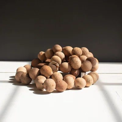 Natural dried gourd ball garland arranged in a cozy, sunlit setting, perfect for adding rustic decor charm to kitchen or dining spaces from Knotty and Board with Every Room Needs A Little Knotty and Board.