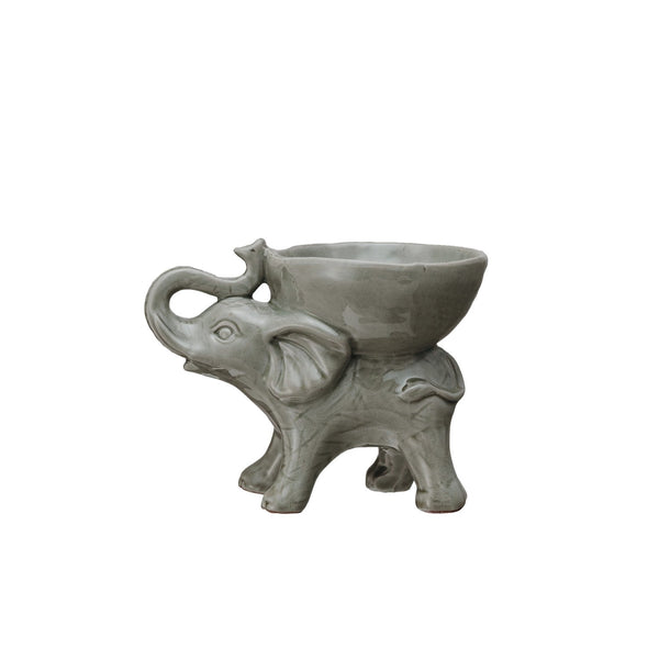 Elephant with Bowl, 7"x 5" decorative ceramic tray in gray, perfect for kitchen or dining decor and unique gifts from Knotty and Board, adding charm to any room.