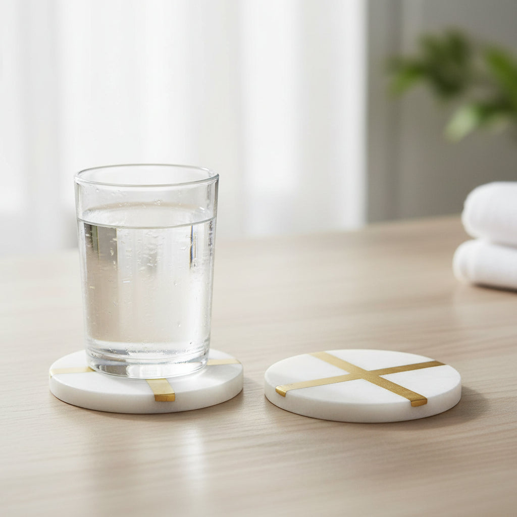 Glimmer Coaster, Set of Four, 4 in., White & Gold