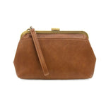 Vivie Frame Lock Convertible Crossbody Wristlet, Bourbon, a stylish brown leather wristlet with a gold-tone frame lock and matching wrist strap, perfect for gifts and decor from Knotty and Board. 1