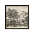 Landscape with Family Under Tree Framed Antique Art, 8 X 8 in. depicts a vintage outdoor scene with a family and horse by a riverside under large trees, perfect for decor gifts from Knotty and Board.