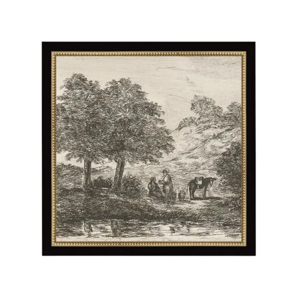 Landscape with Family Under Tree Framed Antique Art, 8 X 8 in. depicts a vintage outdoor scene with a family and horse by a riverside under large trees, perfect for decor gifts from Knotty and Board.