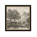 Landscape with Family Under Tree Framed Antique Art, 8 X 8 in. depicts a vintage outdoor scene with a family and horse by a riverside under large trees, perfect for decor gifts from Knotty and Board. 1