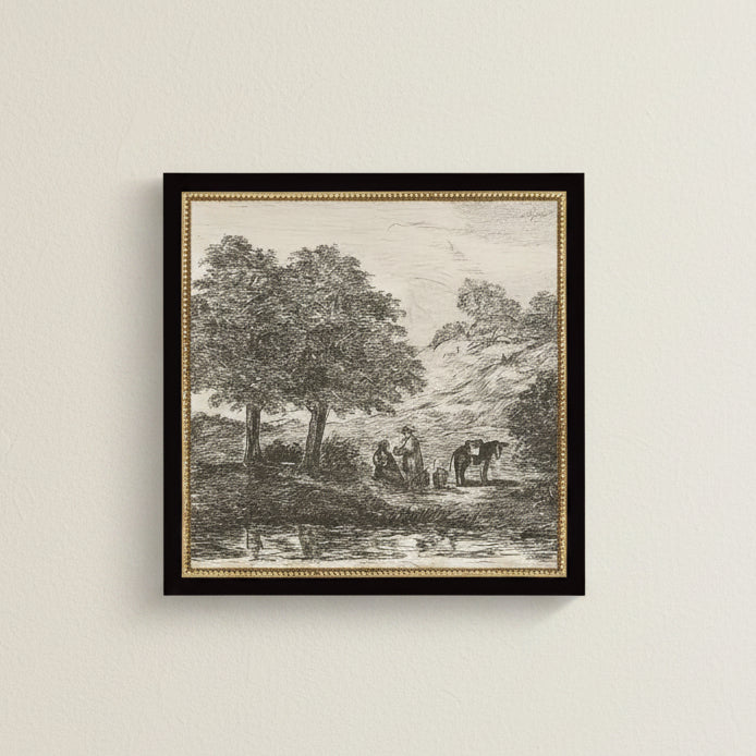 Landscape with Family Under Tree Framed Antique Art, 8 X 8 in.