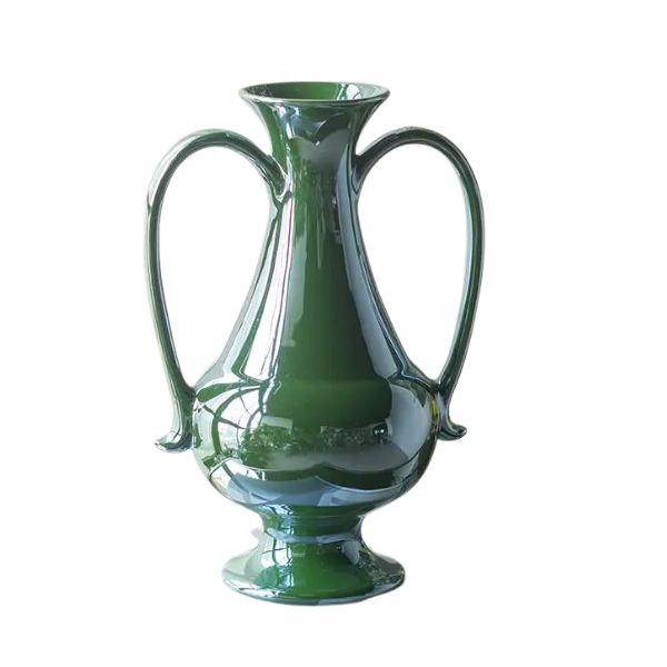Pedestal Vase w/ Handles & Green Electroplating, 8 X 6 X 12 in., a glossy green decorative piece perfect for kitchen or dining decor and unique gifts from Knotty and Board.