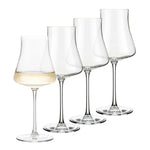 Clear elegant wine glasses in varying shapes arranged in a row, featuring the Stratford All-Purpose Wine Glass, 16oz, Set of 4, ideal for kitchen, dining, and entertaining decor. 1